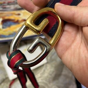 Gucci Men's Gold and Silver Belt Bag with Red and Green Stripes